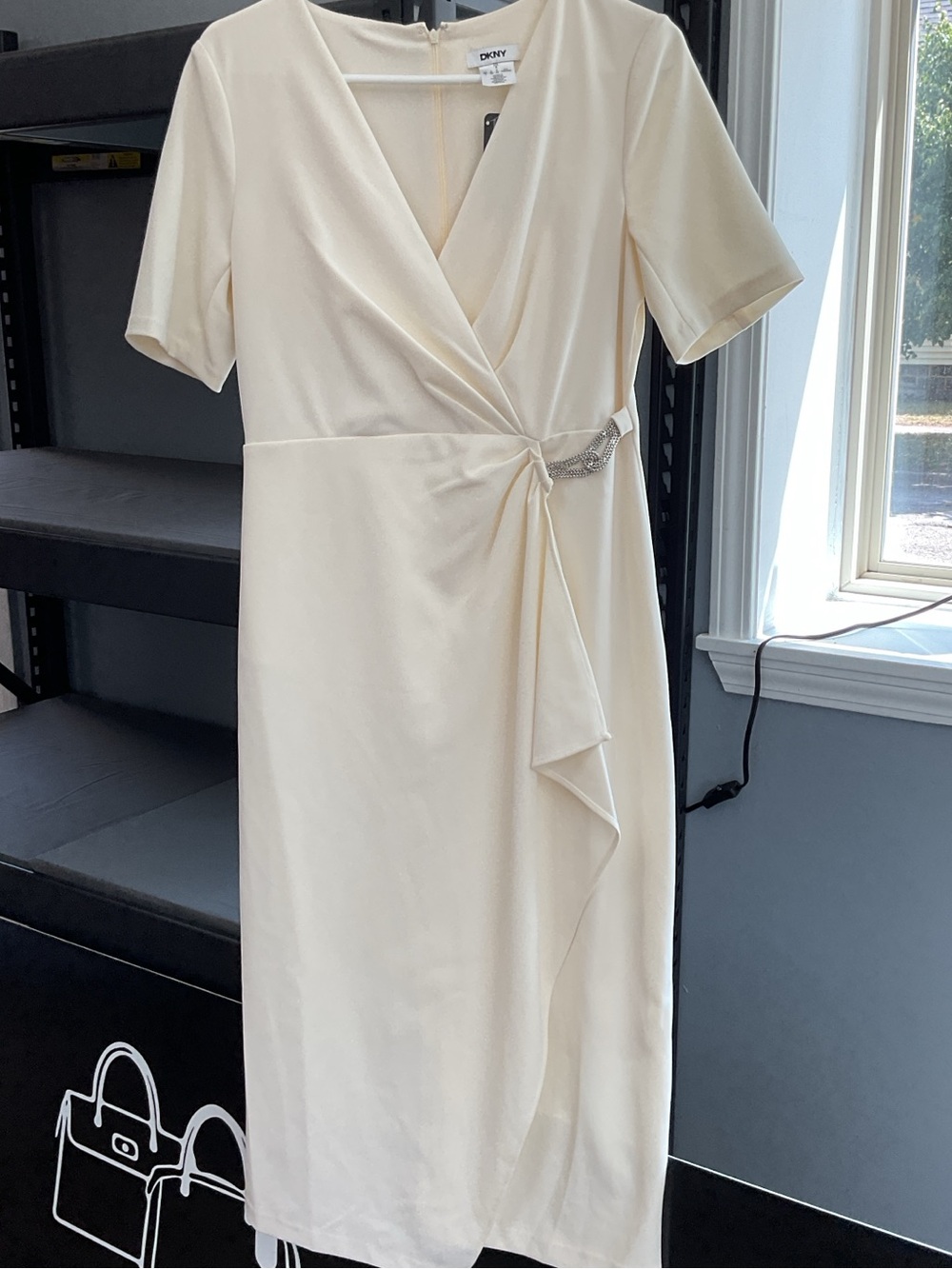 DKNY Cream Wrap-Front Midi Dress with Decorative Buckle